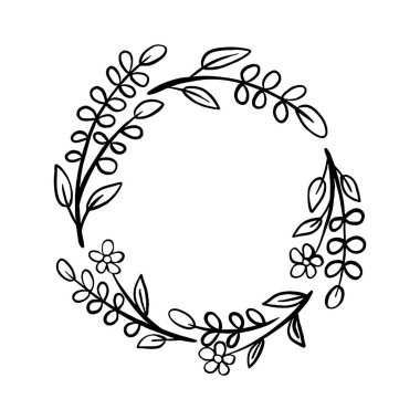 Siyah çizgi çiçekleri yuvarlak bir çerçeve yapar. Dekorasyon logosu, metin, tebrik kartları ve herhangi bir tasarım için vektör illüstrasyonu.