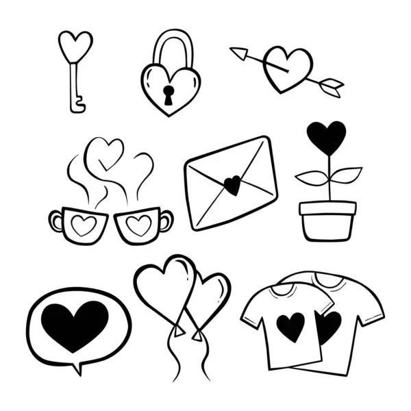 Doodle Line Cartoon Set Elements Inglês Vetor Ilustração Valentine Theme — Vetor de Stock
