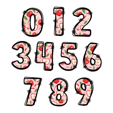 Beyaz arka planda elma tatlısı desenli şirin bir numara. Dekorasyon için güzel harfler dizayn edilmiş. Vektör İllüstrasyon TemasıName.