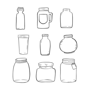 Jars Doodle Outline seti. Dekorasyon veya herhangi bir tasarım için vektör illüstrasyonu.