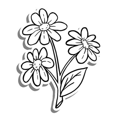 Siyah çizgi üzerinde beyaz siluet ve gri gölge olan üç papatya. El çizimi çizgi film tarzı. Dekorasyon, renk ve herhangi bir tasarım için vektör illüstrasyonuName.