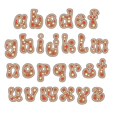 Noel Alfabesi Küçük Zencefilli Çörek. Dekorasyon için oyuncu harfler dizayn edilmiş. Karakter Hakkında Vektör İllüstrasyonu.