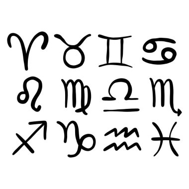 Kesilen dosya için beyaz siluette 12 Zodiac işareti şekilleri. Karalama el çizimi tarzı. Herhangi bir tasarım için vektör illüstrasyonu.