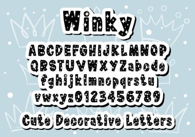 Cute Alphabet and Number with Sparkle Light. Lovely letter design for decoration. Message 'Winky' on top and 'Cute Decorative Letters' at bottom.  Vector Illustration about lettering. clipart