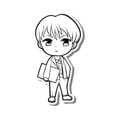 Güzel çizgi film, Ofis Erkeği Hattı. Takım elbiseli bir erkek çalışanın elinde belgeler var. Beyaz silueti ve gri gölgeyi karala. Çalışan kişi hakkında vektör illüstrasyonu.