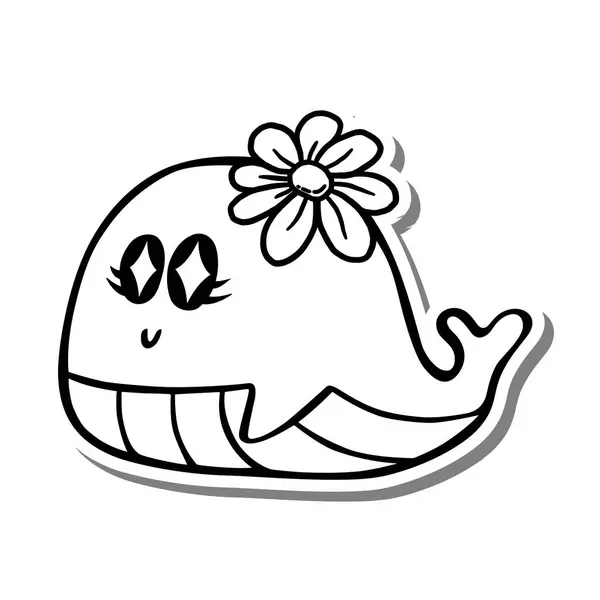 Yıldızlı şirin balina çizgi filmi. Beyaz silueti ve gri gölgeyi karala. Herhangi bir tasarım için su hayvanları hakkında vektör illüstrasyon.