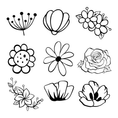 Siyah çizgi çiçekleri karalıyor ve beyaz arkaplanda yapraklar bırakıyor. Doğa hakkında vektör illüstrasyonu.