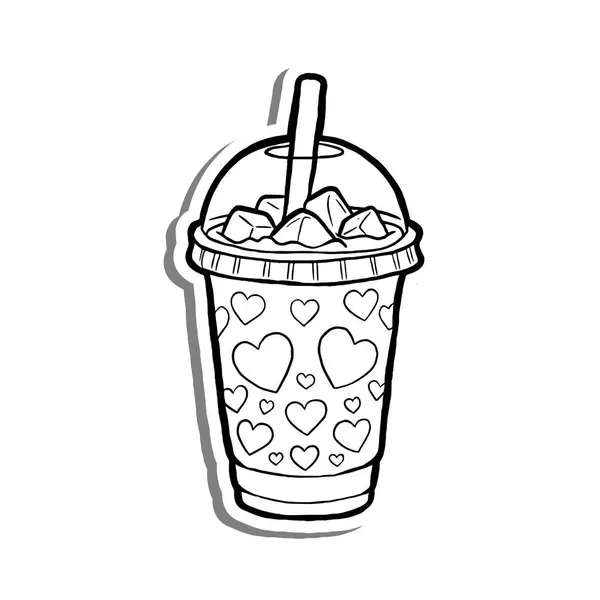 Siyah çizgili buzlu buzlu kahve, beyaz siluet ve gri gölgede, Kalp desenli plastik kupa. El çizimi çizgi film tarzı. Dekor ve herhangi bir tasarım için illüstrasyon