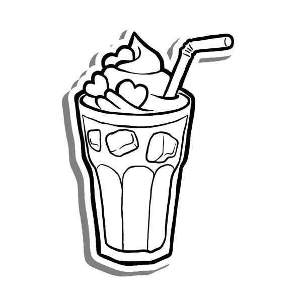 Kremalı ve kalpli siyah çizgi buzlu kahve beyaz siluet ve gri gölgede. El çizimi çizgi film tarzı. Dekor ve herhangi bir tasarım için illüstrasyon