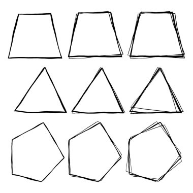 Temel siyah çizgi beyaz arkaplana boş çerçeve çizer. Trapezoid ve Pentagon üçgeni. Tek duble ve üçlü. Vektör illüstrasyonu.