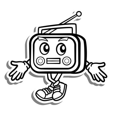 Siyah çizgi üzerinde beyaz siluet ve gri gölge olan Retro Radyosu. Dekorasyon, renk ve herhangi bir tasarım için Doodle Biçim Vektörü çizimi.