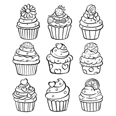 Beyaz arka planda dokuz adet siyah çizgili kek. El çizimi çizgi film tarzı. Boyama, dekorasyon ya da herhangi bir tasarım için karalama. Çocuk sanatının vektör çizimi.