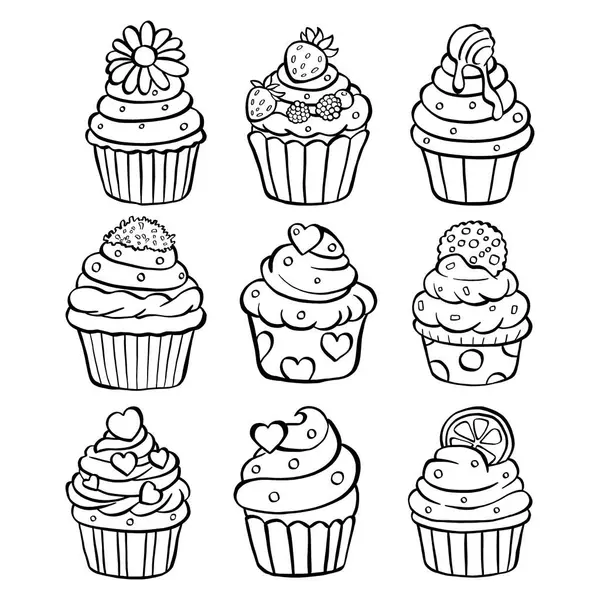 Beyaz arka planda dokuz adet siyah çizgili kek. El çizimi çizgi film tarzı. Boyama, dekorasyon ya da herhangi bir tasarım için karalama. Çocuk sanatının vektör çizimi.