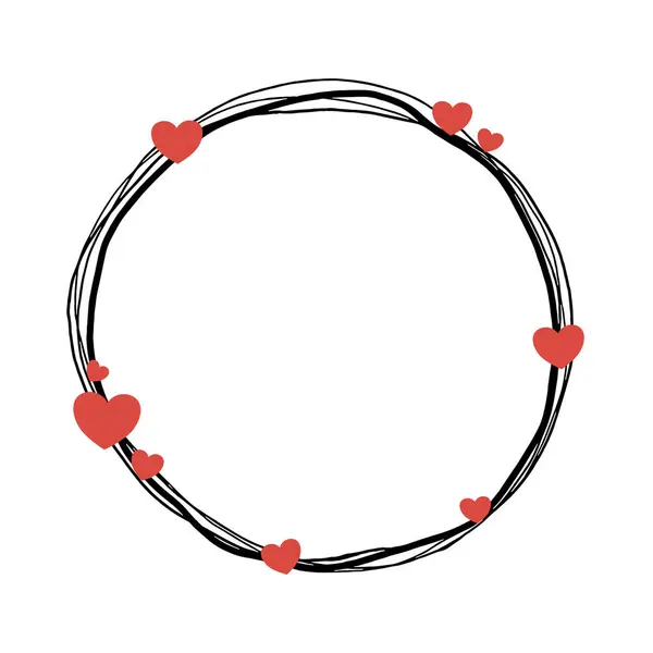Kırmızı Kalpli Doodle Circle Frame. Dekorasyon logosu, metin, tebrik kartları ve herhangi bir tasarım için vektör illüstrasyonu.