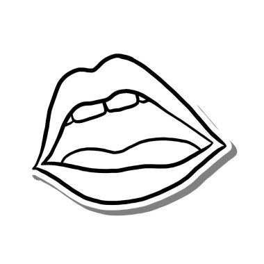 Beyaz siluet ve gri gölgede Doodle Bored Lips. El çizimi çizgi film tarzı. Dekor ve herhangi bir tasarım için illüstrasyon.
