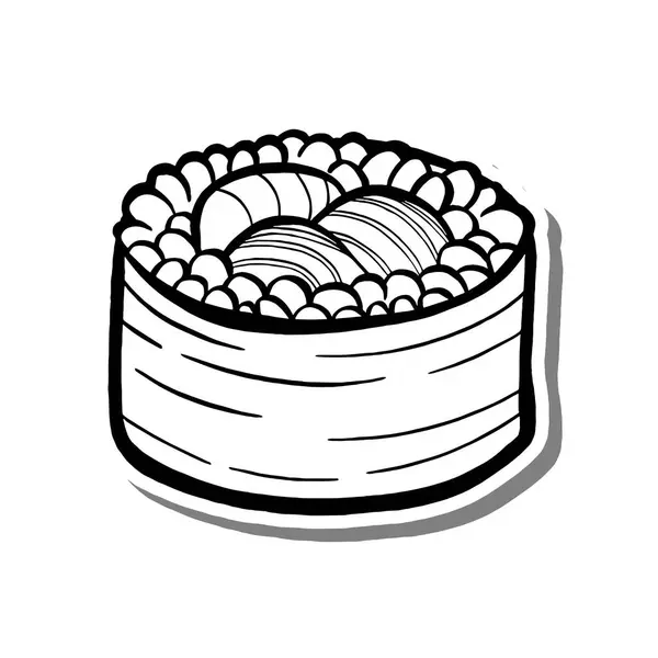 Beyaz siluet ve gri gölgede siyah çizgi Makisushi Roll. El çizimi çizgi film tarzı. Dekor ve herhangi bir tasarım için illüstrasyon.