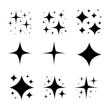Yıldız Parıltısı Şekilleri seti. Soyut Parlak Vektör İşareti. Retro Fütürist Parlak Simgeler Koleksiyonu. Parlak Işık Efekti, Parıltı Şablonları Yıldızlar ve Patlamalar, Parlak Parıltı.