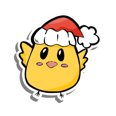 Noel şapkalı şirin tavuk. El Çizimi Karikatür Festivali Tatil, Dekorasyon ya da herhangi bir Tasarım. Kid 'in Vektör İllüstrasyonu.