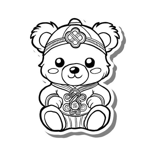 China Teddy Bear Ana Hattı beyaz siluet ve gri gölge üzerine. El çizimi çizgi film tarzı. Dekor ve herhangi bir tasarım için illüstrasyon.