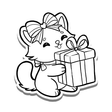 Bir Kedi Mutlulukla Hediye Kutusunu Beyaz siluet ve gri gölgede tutar. El çizimi çizgi film tarzı. Dekorasyon ve herhangi bir tasarım için vektör illüstrasyonu.