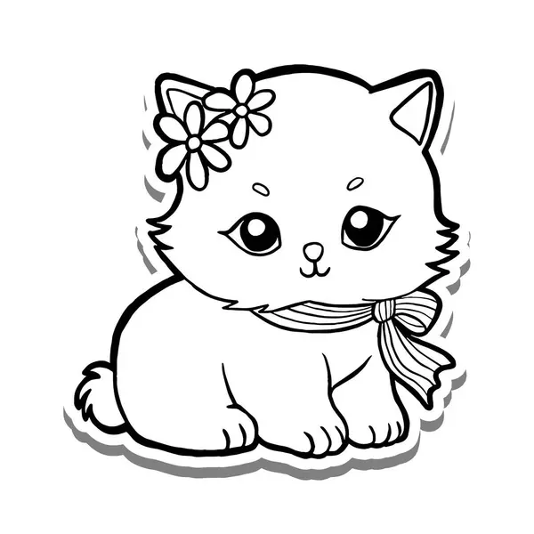 Çiçekli sevimli kedicik ve beyaz siluet ve gri gölgede kurdele. El çizimi çizgi film tarzı. Dekorasyon ve herhangi bir tasarım için vektör illüstrasyonu.