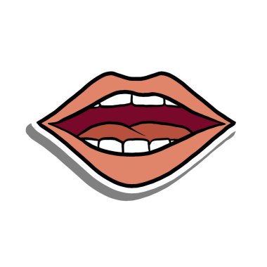 Beyaz siluette gülen dudaklar ve gri gölgeler. El çizimi çizgi film tarzı. Dekor ve herhangi bir tasarım için illüstrasyon.