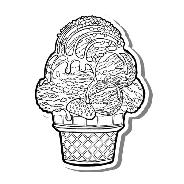 Büyük dondurma külahı ana hatları beyaz siluet ve gri gölge üzerine. El çizimi çizgi film tarzı. Dekorasyon ve herhangi bir tasarım için vektör illüstrasyonu.