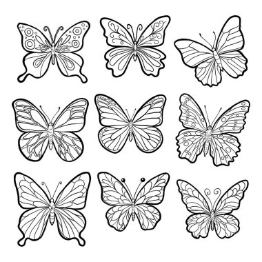 Güzel Kelebek Koleksiyonu. Hayvanlar Hakkında Vektör İllüstrasyonu.