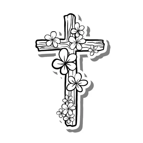 Beyaz siluet ve gri gölgede Çiçekler Ağaç Haçı. El çizimi çizgi film tarzı. Dekor ve herhangi bir tasarım için illüstrasyon.