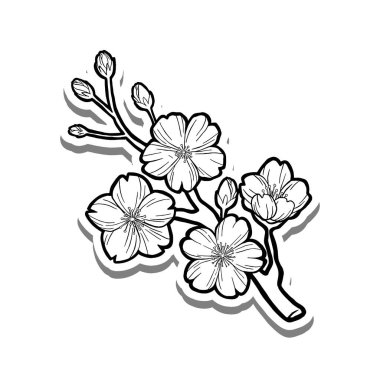 Beyaz siluet ve gri gölge üzerine küçük Sakura Şubesi Ana Hattı. El çizimi çizgi film tarzı. Dekorasyon, renk ve herhangi bir tasarım için illüstrasyon.