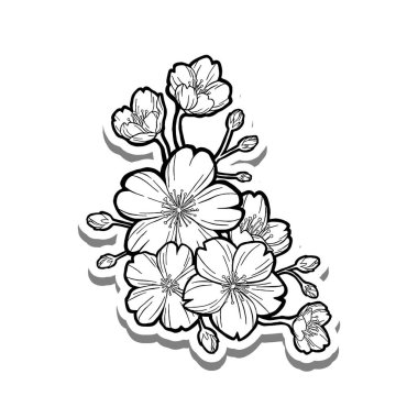 Sakura Buket 'in köşesinde beyaz siluet ve gri gölge var. El çizimi çizgi film tarzı. Dekorasyon, renk ve herhangi bir tasarım için illüstrasyon.