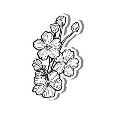 Beyaz siluet ve gri gölge üzerine küçük Sakura Dalı Ana Hattı. El çizimi çizgi film tarzı. Dekorasyon, renk ve herhangi bir tasarım için illüstrasyon.