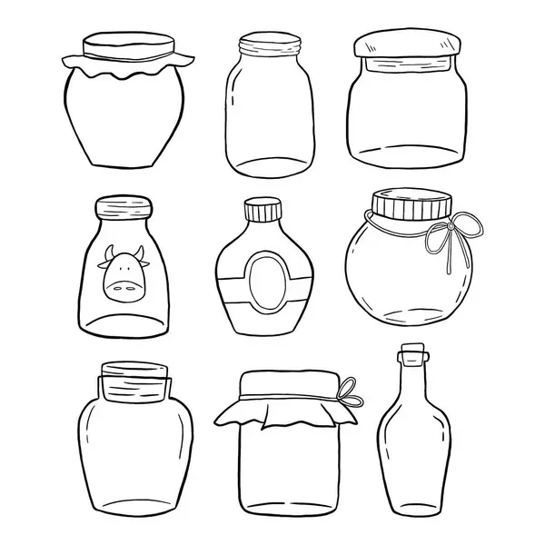 Dokuz kavanoz ve şişeden oluşan bir koleksiyon, her biri benzersiz şekillendirilmiş ve tasarlanmış, bazıları etiketli ve kapaklı. Çeşitli biçim ve boyutlarda, farklı ögeler depolamak için mükemmel.