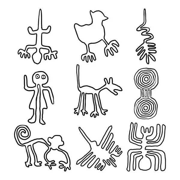Beyaz Arkaplanda Siyah Çizgili Doodle Sanat Elementleri seti. Nazca hakkında vektör illüstrasyonu.