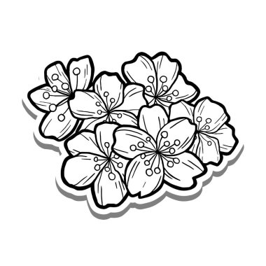 Beyaz siluet ve gri gölge üzerine küçük Kiraz Çiçeği Buketi Taslak. El çizimi çizgi film tarzı. Dekorasyon, renk ve herhangi bir tasarım için illüstrasyon.