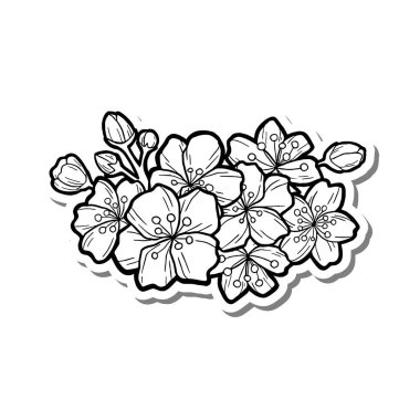 Beyaz siluet ve gri gölge üzerine küçük Sakura Buket Taslak. El çizimi çizgi film tarzı. Dekorasyon, renk ve herhangi bir tasarım için illüstrasyon.