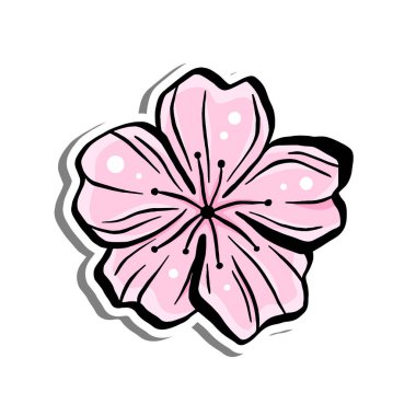 Beyaz siluet ve gri gölgede pembe Sakura Çiçeği. El çizimi çizgi film tarzı. Dekorasyon ve herhangi bir tasarım için vektör illüstrasyonu.