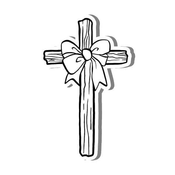 Beyaz siluet ve gri gölgede yaylı ahşap haç. El çizimi çizgi film tarzı. Dekor ve herhangi bir tasarım için illüstrasyon.