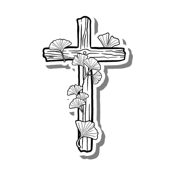 Ginkgo Wood Cross 'u beyaz siluet ve gri gölgede bıraktı. El çizimi çizgi film tarzı. Dekor ve herhangi bir tasarım için illüstrasyon.