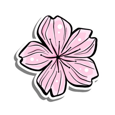 Beyaz siluet ve gri gölgede pembe kiraz çiçeği. El çizimi çizgi film tarzı. Dekorasyon ve herhangi bir tasarım için vektör illüstrasyonu.