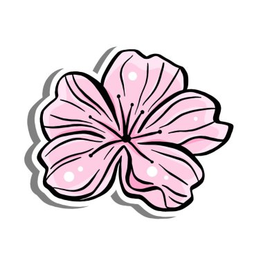 Beyaz siluet ve gri gölgede pembe Sakura Bloom. El çizimi çizgi film tarzı. Dekorasyon ve herhangi bir tasarım için vektör illüstrasyonu.