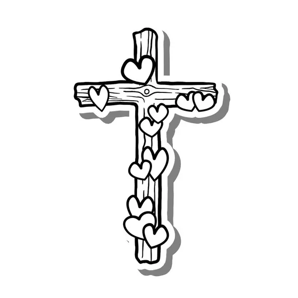 Kupa Ağacı Haçı beyaz siluet ve gri gölgede. El çizimi çizgi film tarzı. Dekor ve herhangi bir tasarım için illüstrasyon.