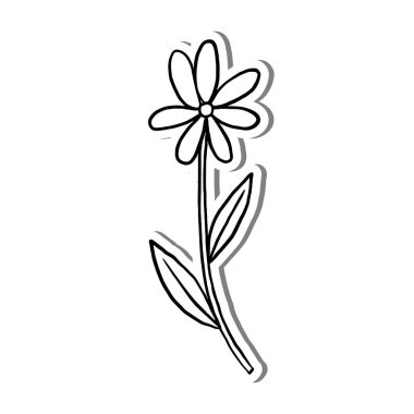 Beyaz siluet ve gri gölge üzerine Yapraklar Taslak ile Daisy Flower. El çizimi çizgi film tarzı. Dekor ve herhangi bir tasarım için illüstrasyon.