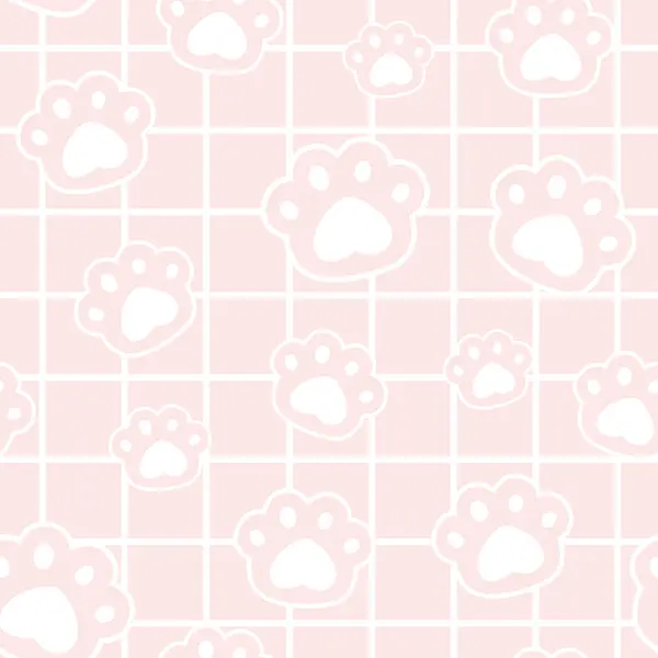 Pastel pembe bir ızgarada beyaz kedi pençe izlerinden oluşan kusursuz vektör deseni. Çocuk ürünleri, hayvan tasarımları, tekstil ve kawaii temalı arka planlar için mükemmel..