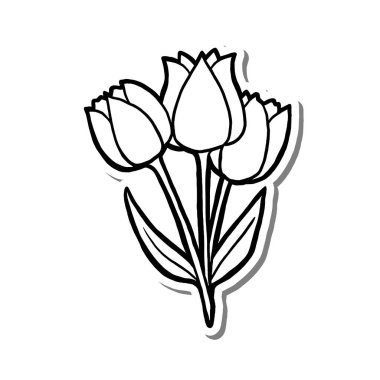 Beyaz Siluet ve Gri Gölge 'de Yaprak Özeti olan Sevimli Laleler. Doğa Hakkında Vektör İllüstrasyonu.