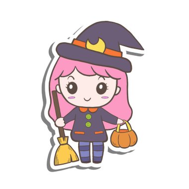 Cadılar Bayramı 'nda beyaz silueti ve gri gölgesi olan sevimli cadı kız. Çocuk yuvası dekorasyonu, çizgi film karakteri çocuk tebrik kartı ve her tasarım için harika. Çocuk sanatının vektör çizimi.