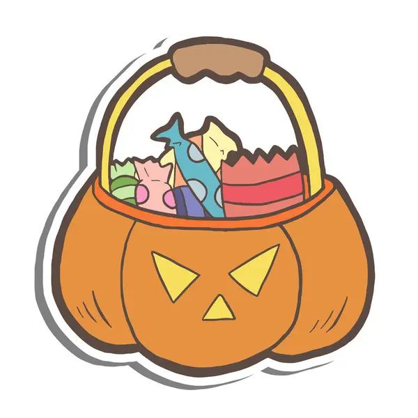 Cadılar Bayramı balkabağı sepeti dolusu beyaz siluet ve gri gölgeli şeker. Çocuk yuvası dekorasyonu, çizgi film karakteri çocuk tebrik kartı ve her tasarım için harika. Vektör illüstrasyonu.