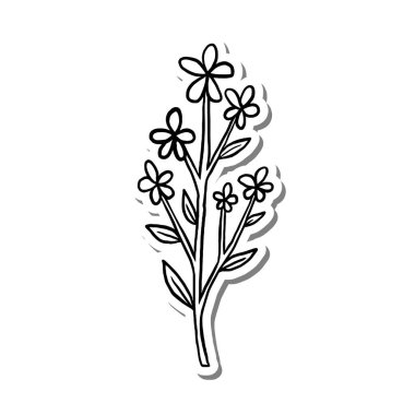 Beyaz siluet ve gri gölgede Yapraklı Küçük Çiçekler. El çizimi çizgi film tarzı. Dekor ve herhangi bir tasarım için illüstrasyon.