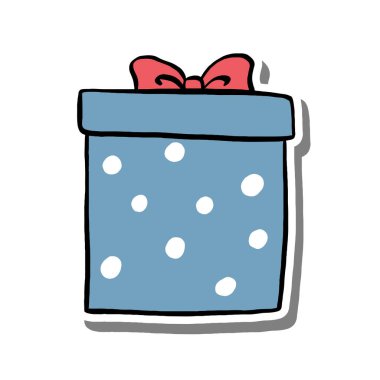 Çizgi film stili hediye kutusu. Puantiyeli ve kurdeleli. Bayram, doğum günü ya da tatil temalı tasarımlar için mükemmel. Beyaz, cesur bir taslak, neşeli bir hava..