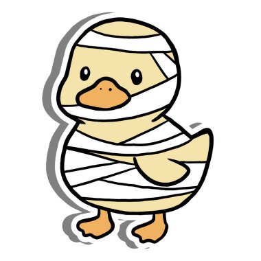 Beyaz mumya bandajlarına sarılı, turuncu gagalı ve ayaklı çizgi film ördeği. Şenlik tasarımları, çocuk grafikleri veya mevsimsel için eğlenceli Cadılar Bayramı karakteri.